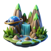 stunning traditional A spaceship landing on a lush alien planet, waterfalls cascading down towering mountains, vibrant flora and fauna surrounding the landing site. Photorealistic style high quality png