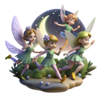stunning rustic A group of fairies flying through a moonlit forest, leaving trails of pixie dust, illuminated by the moonlight. Enchanted forest, dreamlike style authentic png