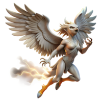 beautiful modern A fierce harpy with the body of a bird and the head of a woman, swooping down from the sky, lit by lightning, in a dynamic, Baroque style premium png
