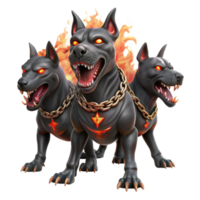 wonderful traditional Cerberus, the three-headed hound of Hades, with glowing red eyes, chains of blackened iron, surrounded by swirling Stygian smoke, dark fantasy painting 4K png
