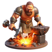 stunning artistic A powerful cyclops forging a mighty weapon in his volcanic forge, lit by the fiery glow of the lava, in a realistic fantasy style high quality png