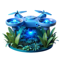 vibrant artistic A hovering drone with glowing blue lights, scanning a dense jungle, overgrown with bioluminescent plants, dark and mysterious atmosphere exclusive png