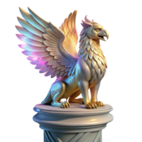 stunning creative A majestic griffin with iridescent feathers, perched atop a crumbling marble pillar, lit by a single shaft of golden light, in a hyperrealistic style premium png