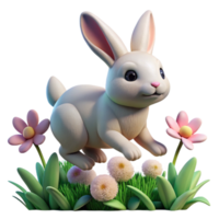 serene abstract A fluffy rabbit hopping through a field of flowers, soft pastel colors with bokeh effect, whimsical children's book illustration style genuine png