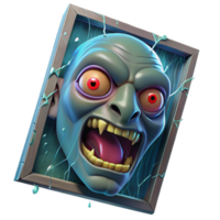 elegant artistic A distorted, demonic face peering through a broken window, illuminated by lightning, with rain streaming down the glass. Supernatural horror style high resolution png
