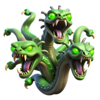 impressive modern A powerful hydra with multiple heads, each spewing venomous green fumes, dark, stormy background. Dark fantasy style 4K png