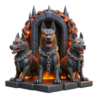 dramatic rustic Cerberus, the three-headed hound of Hades, guarding the gates of the underworld. Fiery eyes, chains made of solidified shadows. Dark, dramatic lighting. Greg Rutkowski style original png