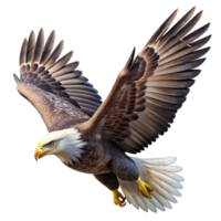 serene rustic A majestic bald eagle soaring through the sky, detailed feathers, bright sunlight, wildlife photography style professional png