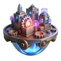 magnificent rustic A floating city made of interconnected gears and cogs, illuminated by flickering neon lights. Steampunk style authentic png