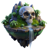 wonderful creative A floating island shaped like a human skull is covered in lush vegetation and waterfalls. Dark fantasy style, muted twilight lighting authentic png