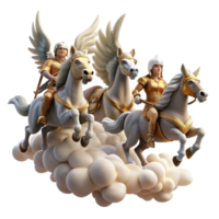 elegant classic A group of Valkyries riding winged horses, carrying fallen warriors to Valhalla, dramatic sky with swirling clouds. Norse mythology style professional png