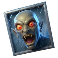impressive vintage A distorted, demonic face peering through a broken window, illuminated by lightning, with rain streaming down the glass. Supernatural horror style authentic png