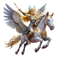 impressive traditional A graceful Valkyrie riding a winged horse, carrying a fallen warrior to Valhalla. Dramatic sky, dynamic pose. Romantic style high resolution png