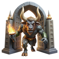 magnificent creative A powerful minotaur with intricately carved horns, charging through a labyrinthine corridor, lit by flickering torches, in a gritty realism style detailed png