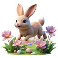 impressive rustic A fluffy rabbit hopping through a field of flowers, soft pastel colors with bokeh effect, whimsical children's book illustration style original png