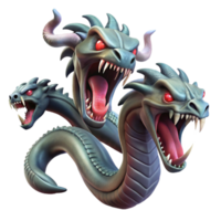 vibrant rustic A fierce hydra, its multiple heads hissing and snapping, surrounded by a swampy landscape. Dark, moody lighting. Fantasy art style exclusive png