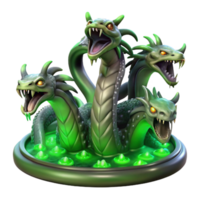 stunning rustic A fearsome hydra rising from a murky swamp, its multiple heads hissing, lit by eerie green bioluminescence, in a dark fantasy style original png