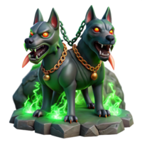 wonderful rustic Cerberus, the three-headed hound of Hades, with glowing red eyes and dripping saliva, chained to a obsidian rock, dimly lit by flickering green flames. Dark fantasy style original png