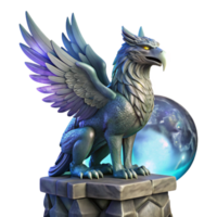 magnificent rustic A majestic griffin with iridescent feathers, perched atop a crumbling obsidian tower, lit by the ethereal glow of a full moon. Intricate, hyperrealistic style detailed png