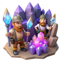 stunning traditional A group of adventurous dwarves mining for gems in a cavern, glowing crystals, fantasy art original png
