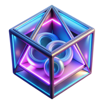 sbalorditivo astratto un' campo di geometrico forme, morphing e trasformando, illuminato di un' pulsante, neon leggero originale png