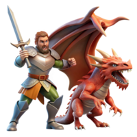 wonderful rustic A noble knight battling a fearsome dragon, his sword raised in defiance. Dynamic action scene, dramatic lighting. Fantasy art style authentic png