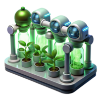 vibrant contemporary A group of robots tending to a futuristic hydroponic farm, glowing plants growing in vertical rows, bathed in the green light of the grow lamps. Biopunk style authentic png
