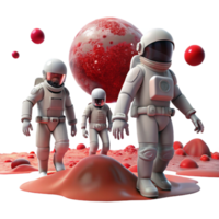 serene modern A group of space explorers in sleek, white spacesuits, exploring a desolate alien planet, red dust swirling around them, dramatic backlighting, cinematic style 4K png