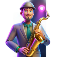 vibrant modern Portrait of a charismatic musician with a saxophone, lit by colorful stage lighting, in a pop art style high quality png