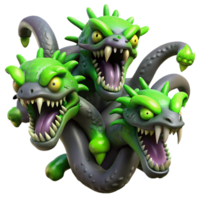 wonderful rustic A powerful hydra with multiple heads, each spewing venomous green fumes, dark, stormy background. Dark fantasy style premium png