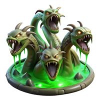 elegant abstract A fearsome hydra rising from a murky swamp, its multiple heads hissing, lit by eerie green bioluminescence, in a dark fantasy style authentic png