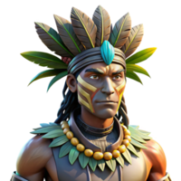 beautiful classic Portrait of a tribal warrior with vibrant body paint and feathered headdress, lit by dappled sunlight filtering through a forest canopy, in a realistic style high resolution png
