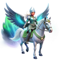 dramatic rustic A beautiful Valkyrie with winged helmet and shining armor, riding a majestic steed, lit by the ethereal glow of the northern lights, in a Norse mythology art style authentic png