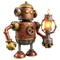 wonderful abstract A rusty, steampunk robot with exposed gears and brass pipes, holding a flickering oil lamp, in a dimly lit workshop with volumetric lighting. Illustration style premium png