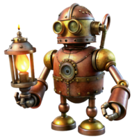 vibrant rustic A rusty, steampunk robot with exposed gears and brass pipes, holding a flickering oil lamp, in a dimly lit workshop with volumetric lighting. Illustration style authentic png
