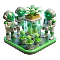 vibrant abstract A group of robots tending to a futuristic hydroponic farm, glowing plants growing in vertical rows, bathed in the green light of the grow lamps. Biopunk style 4K png