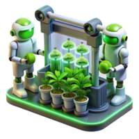 stunning vintage A group of robots tending to a futuristic hydroponic farm, glowing plants growing in vertical rows, bathed in the green light of the grow lamps. Biopunk style original png