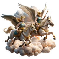extraordinary rustic A group of Valkyries riding winged horses, carrying fallen warriors to Valhalla, dramatic sky with swirling clouds. Norse mythology style exclusive png