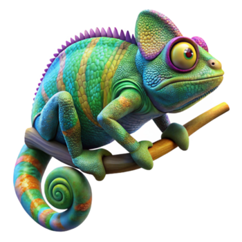 vibrant artistic A colorful chameleon camouflaged against a leafy branch, with intricate patterns and textures, in a detailed, macro photography style high resolution png