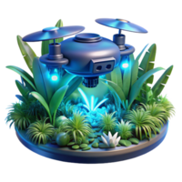 beautiful classic A hovering drone with glowing blue lights, scanning a dense jungle, overgrown with bioluminescent plants, dark and mysterious atmosphere original png