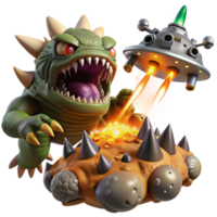 elegant artistic A spaceship battling a giant space monster, lasers and explosions filling the scene, dramatic and action-packed lighting, comic book style exclusive png