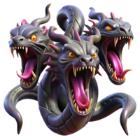 stunning rustic A fearsome hydra, with multiple serpentine heads, each dripping venom, dark and ominous lighting, fantasy art style premium png