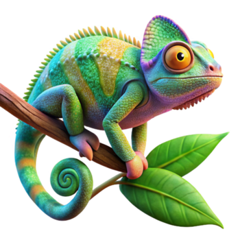 stunning artistic A colorful chameleon camouflaged against a leafy branch, with intricate patterns and textures, in a detailed, macro photography style authentic png