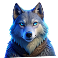 serene modern Portrait of a majestic wolf with piercing blue eyes, a thick fur coat, a powerful stance, lit by moonlight filtering through trees, realistic animal portrait style high resolution png