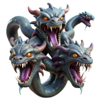 extraordinary contemporary A fearsome hydra, with multiple serpentine heads, each dripping venom, dark and ominous lighting, fantasy art style original png