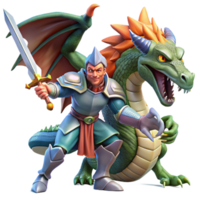 extraordinary creative A noble knight battling a fearsome dragon, his sword raised in defiance. Dynamic action scene, dramatic lighting. Fantasy art style professional png