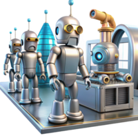 impressive traditional A group of futuristic robots working in a factory, metallic textures and moving parts, industrial lighting, sci-fi style high resolution png
