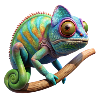 underbar kreativ en färgrik kameleont kamouflerad mot en lummig gren, med invecklad mönster och texturer, i en detaljerad, makro fotografi stil original- png