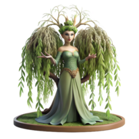 dramatic minimalist A serene dryad emerging from a giant willow tree, adorned with moss and vines, bathed in the soft, dappled light of a forest glade. Art nouveau style 4K png