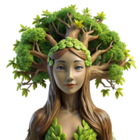 elegant traditional A serene dryad emerging from an ancient oak tree, adorned with moss and vines, sunlight dappling through leaves. Hyperrealistic style detailed png